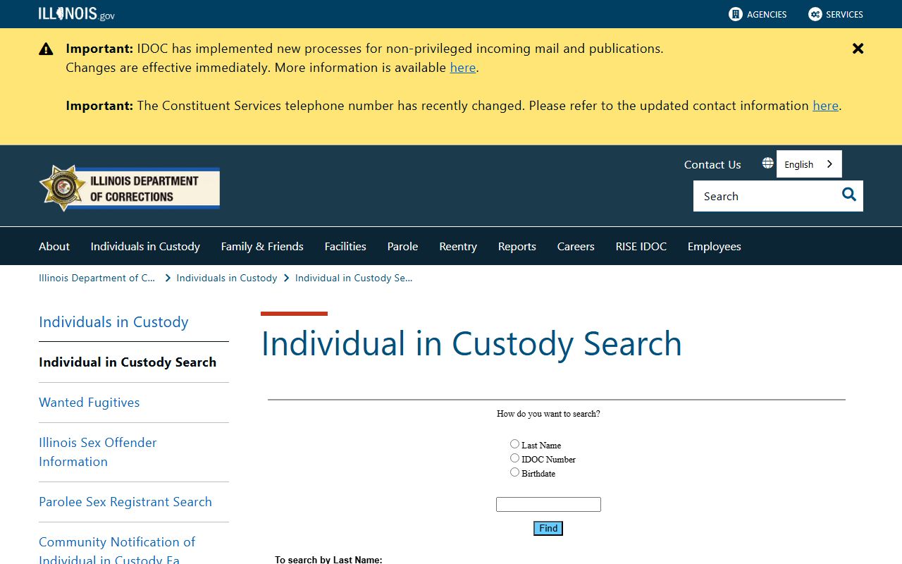 Illinois IDOC custody search for Whiteside County sentenced inmates