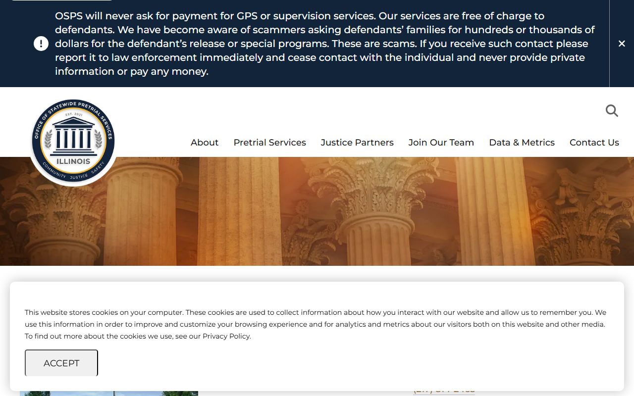 Statewide Pretrial Services Whiteside County page with officer contacts and no-fee warning