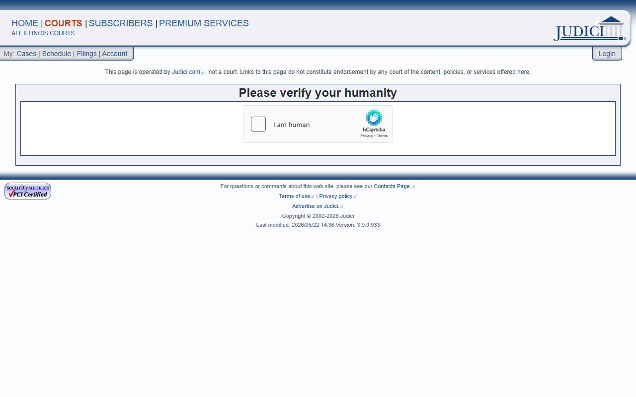 Judici Whiteside County case search page with human verification